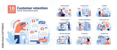 Customer retention set. Comprehensive tactics from loyalty programs to feedback loops. Upselling strategies, NPS analysis, and segmented support. Enhancing brand loyalty. Flat vector illustration.