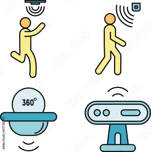 Motion sensor detector icons set. Outline set of motion sensor detector vector icons thin line color flat on white