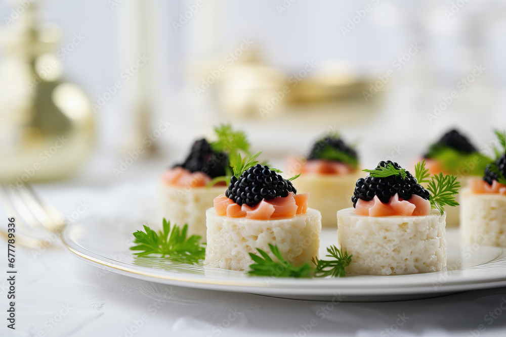 Catering buffet food. Delicious appetizers with red and black caviar. Celebration Party