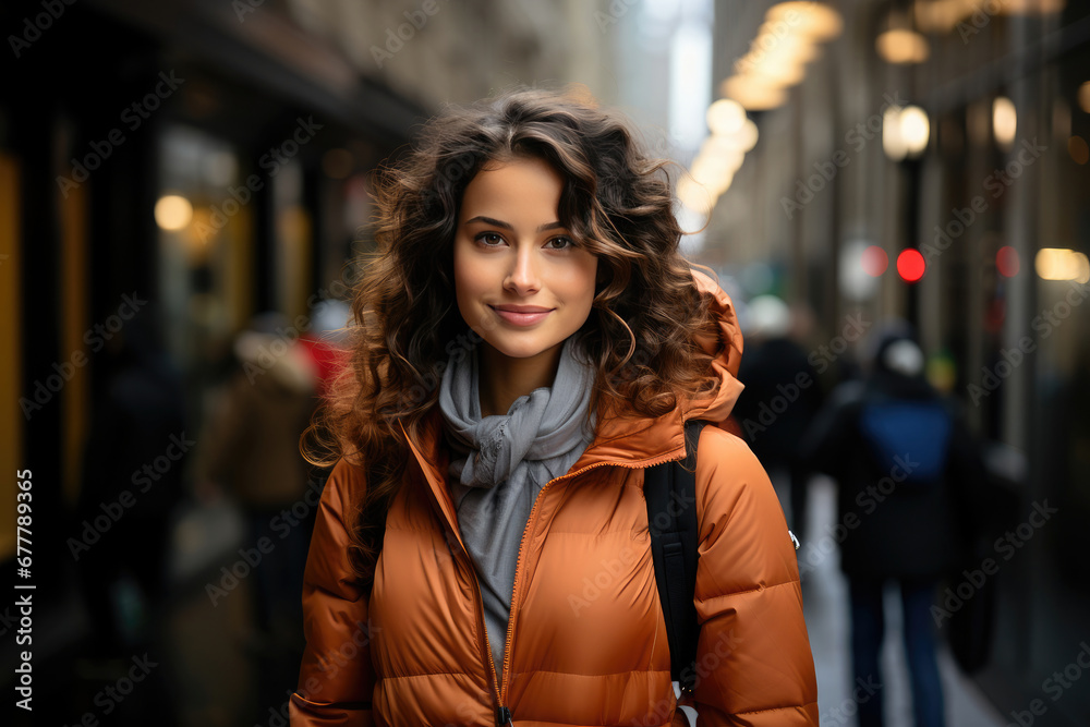 Portrait of a smiling young woman in an orange jacket on a bustling city street, exuding trendy urban fashion and confidence. Portrait of a smiling young woman in an orange jacket on a bustling city street, exuding trendy urban fashion and confidence.