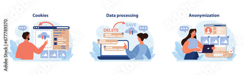 Digital Privacy set. Professionals navigate online data concepts. Managing website cookies, overseeing data processing, ensuring user data anonymization. Active online security measures. Flat vector