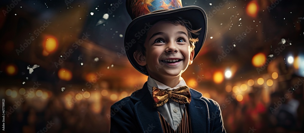 The child a gleeful smile on their face watched in awe as the talented kid at the circus performed with sparkling eyes a bow tie a magicians hat and a magical cylinder spreading happiness an - obrazy, fototapety, plakaty 