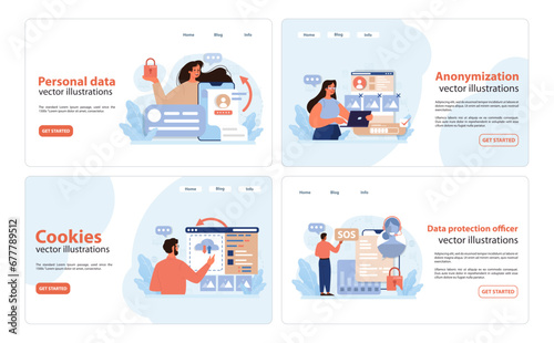 Data Privacy Set. User managing personal data, online tracking cookies awareness, implementing data anonymization, and a dedicated officer ensuring data protection. Effective online privacy practices