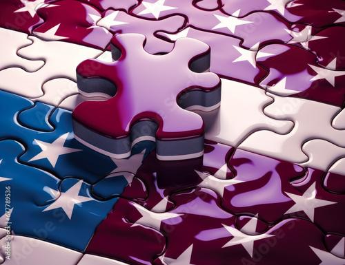 Jigsaw puzzle pieces in the colors of the American flag, red white and blue. 