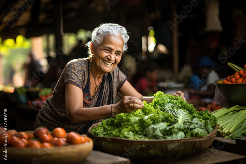 A joyful elderly woman selects fresh green vegetables at a local market stall, radiating happiness and health. © apratim