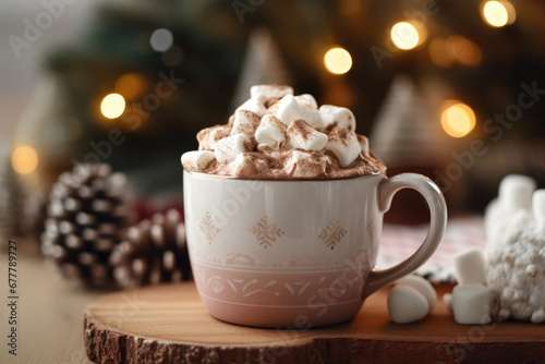 cup of hot winter cocoa drink with marshmallows with bokeh and Christmas tree on the background