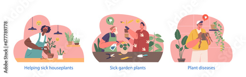 Isolated Elements With Characters Carefully Nurse Wilted Plants, Gently Watering And Providing Sunlight, Vector