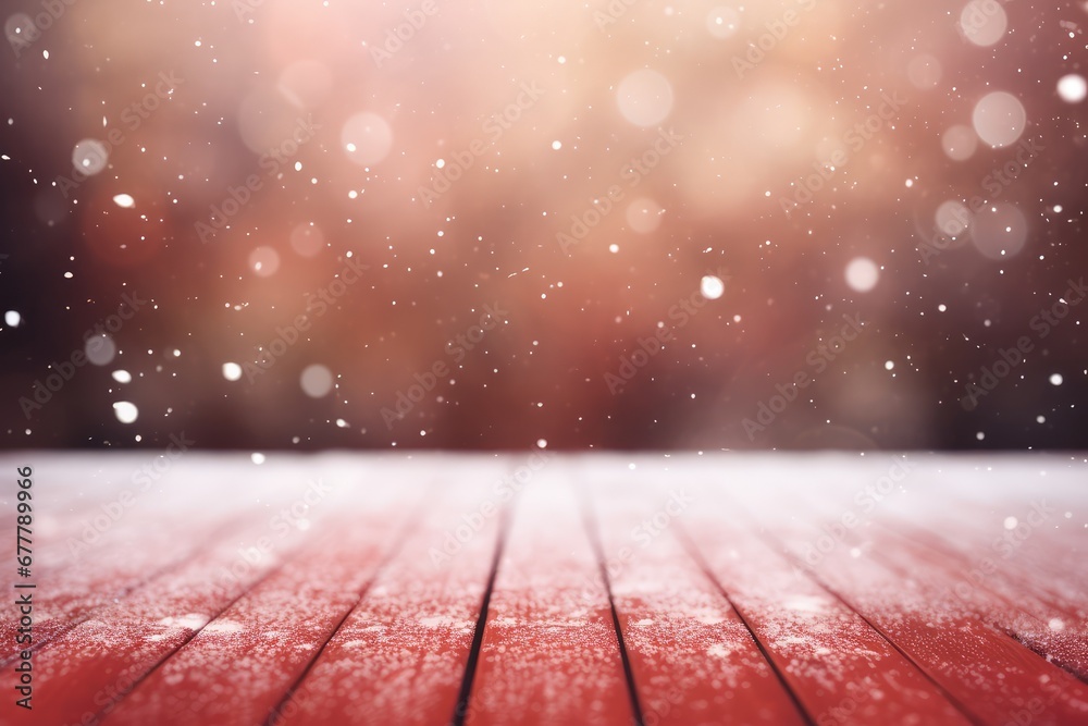 Wooden background with snow and red lights, in the style of spectacular backdrops Wooden background with snow and red lights, in the style of spectacular backdrops