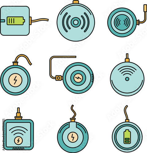 Wireless charging icons set. Outline set of wireless charging vector icons thin line color flat on white