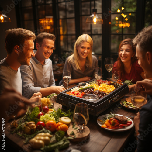 A vibrant scene shows a group of friends sharing the joy of raclette on a terrace. The grill stands in the center of the table surrounded by fresh ingredients and smiling faces. 