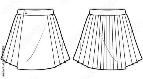 Button wrap kilt Skirt flat sketch fashion illustration drawing with front and back view, Pleated Mini skirt design cad vector template photo