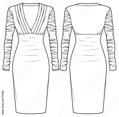 Women ruched sleeve bodycon dress design flat sketch fashion illustration drawing with front and back view. Ladies column bandage evening wear. deep v neck tight dress drawing vector template