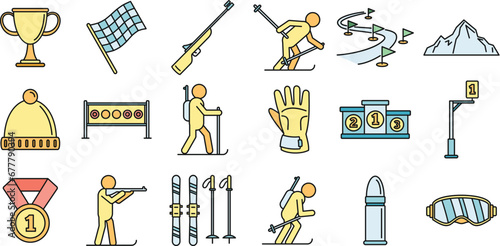 Biathlon ski icons set. Outline set of biathlon ski vector icons thin line color flat on white