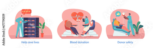 Isolated Vector Elements With Selfless Characters Donate Blood To Save Lives, Contributing To Healthcare And Emergency