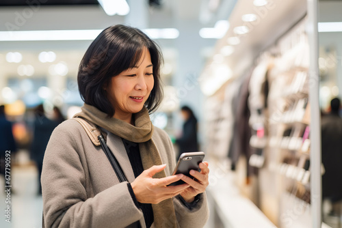 Happy mature asian woman chooses mobile phone in store