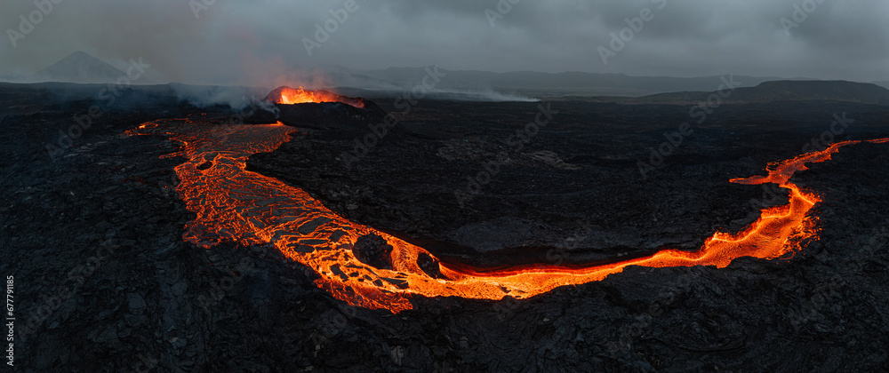 Beautiful aerial panoramatic view of active volcano, Litli - Hrutur, Iceland 2023 - obrazy, fototapety, plakaty 
