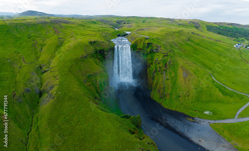 Aerial view on the Skogafoss waterfall, Iceland. Famous place.