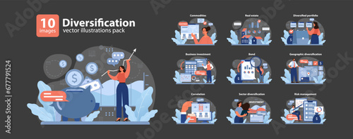 Diversification set. Investors exploring avenues like commodities, real estate, bonds, and geographic regions. Business investment, correlation strategies, sector exploration, and risk management.