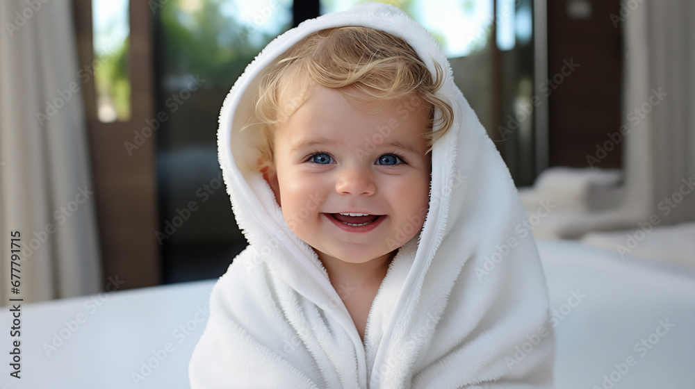 Smiling little baby in a white towel on the bed at home. AI Generative Smiling little baby in a white towel on the bed at home. AI Generative