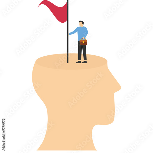 successful businessmen climbing above his mind holding victory flag for business purpose. Success mindset concept, career growth and development concept, mentor or inspiration to succeed in

