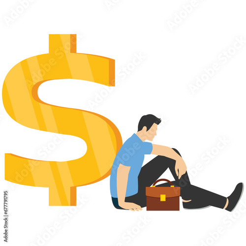 Concept of unemployment causing financial problems, debt or bankrupt office worker, no income to pay mortgage or bank loan concept, depressed unemployed businessman sitting with big dollar bills

