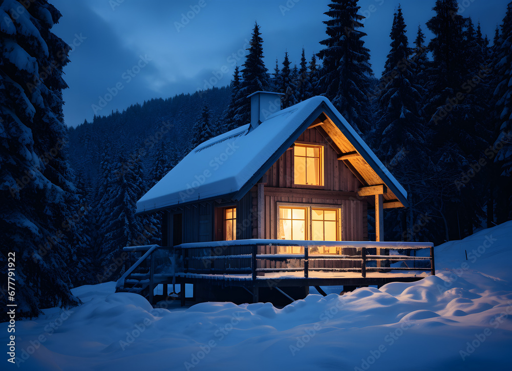 a small cabin in a winter white forest lit up at night
