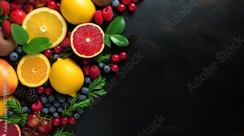Variety of fresh fruits and berries on black background. Top view with copy space. AI Generative