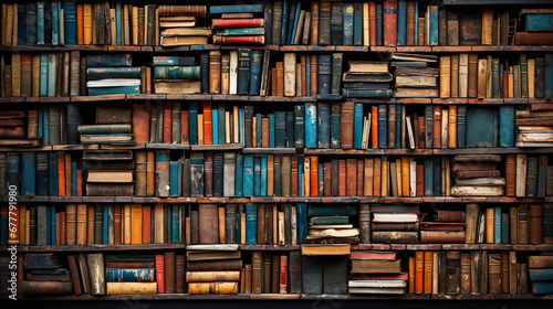 Old bookshelf with many old books in the library. Vintage background. AI Generative photo