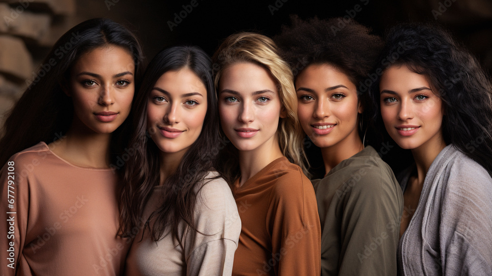 Fototapeta premium Portrait beautiful multiethnic women in beige clothes looking at camera. AI Generative
