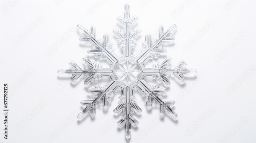 White minimalistic Christmas tree toy in the form of a glass snowflake. New Year card, banner, winter mood. Copy space view