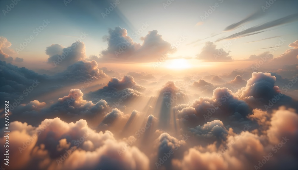 Sunbeams radiate through a soft, ethereal blanket of clouds during a majestic sunrise, with the warm glow of the sun illuminating the sky.