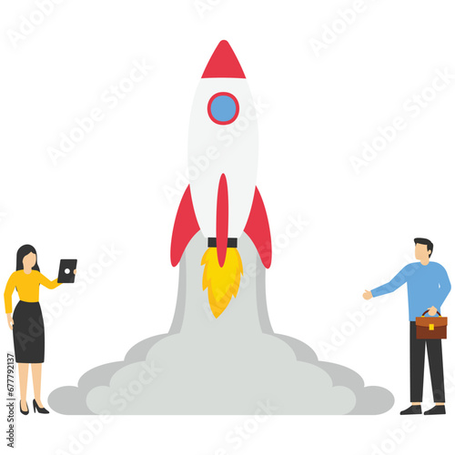 Concept Start a business for creativity and innovation, Creative concept, Learn to build skills, infographics. starting a company business, two businesswomen are happy with rocket gliding.