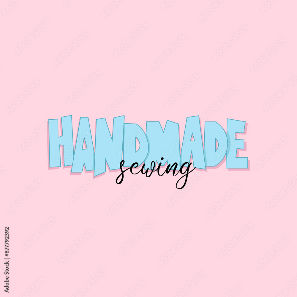 Blue text handmade sewing on pink background Blue text handmade sewing on pink background
