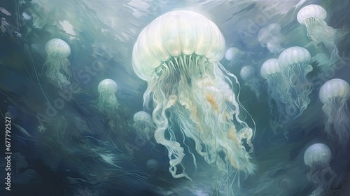  a painting of a group of jellyfish floating in the ocean with blue and green water in the foreground.