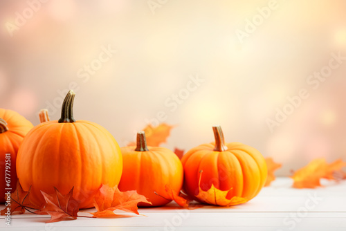 Autumn ambiance  Orange pumpkins and fall leaves on a light surface  creating a warm and seasonal background.  
