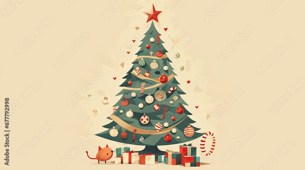  a christmas tree with presents under it and a cat under the tree with a star on the top of it.