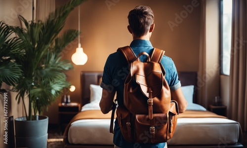 Happy backpacker traveler stay in high quality hotel looking at scenic beautiful landscape, spring or summer morning, back view photo