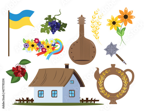 Set of symbols of Ukrainian culture in a cartoon style. Vector illustration of Ukrainian symbols: blue and yellow flag, bread, wreath with ribbons, bandura, mace, ears of corn, plate with borscht.