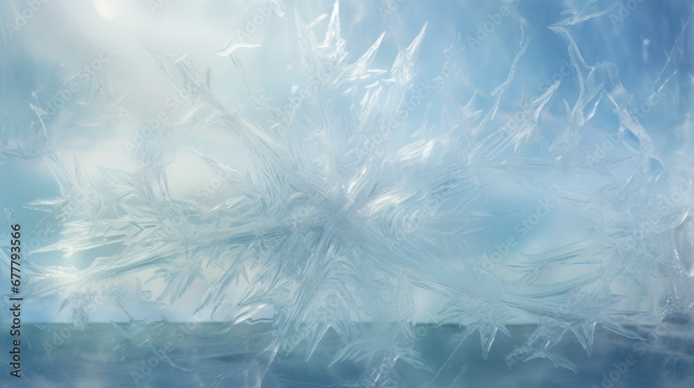 Obraz premium a close up of a frosted window with a blue sky in the background and water in the foreground.