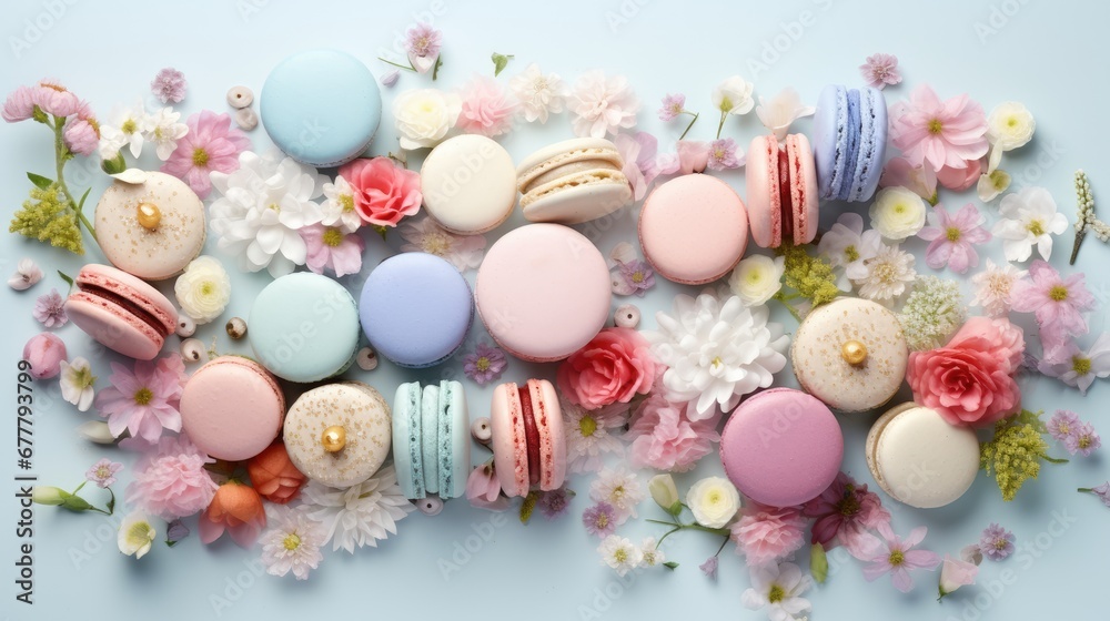 macaroons, macaroons, and flowers on a blue background with pink and white daisies and daisies. macaroons, macaroons, and flowers on a blue background with pink and white daisies and daisies.