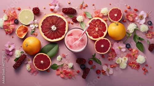  grapefruit, grapefruit, oranges, raspberries, and other fruit on a pink background.