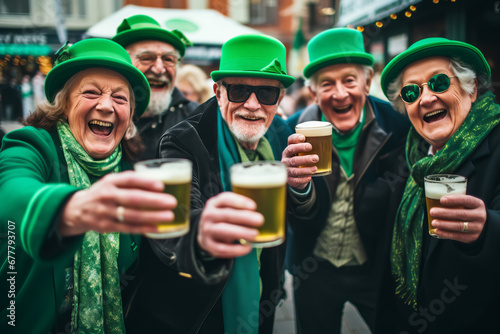 Mature people are having fun, wearing green costumes and celebrating St. Patrick's Day in street bar