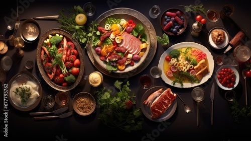  a table topped with plates of food next to bowls of fruit and a plate of meat and veggies.