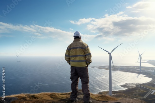 Worker on top of an offshore wind turbine