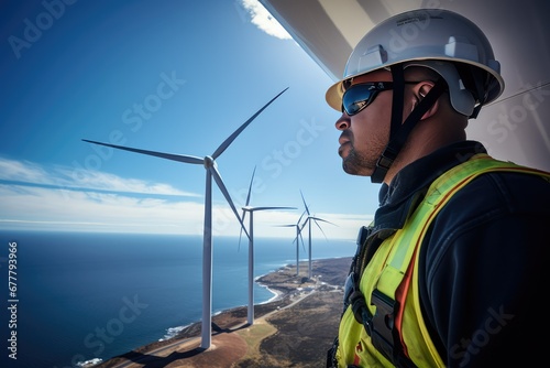 Worker on top of an offshore wind turbine