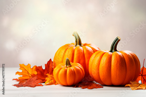Autumn ambiance: Orange pumpkins and fall leaves on a light surface, creating a warm and seasonal background.


