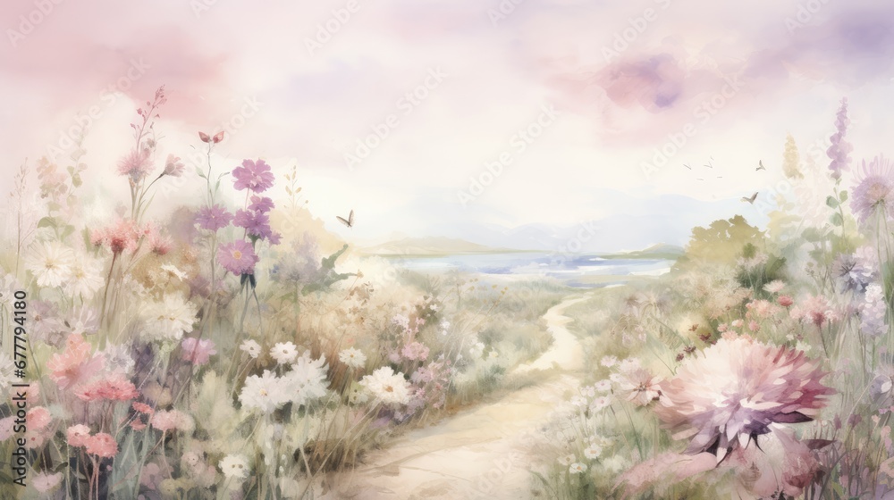 Fototapeta premium a painting of a path leading through a field of flowers with a view of a body of water in the distance.