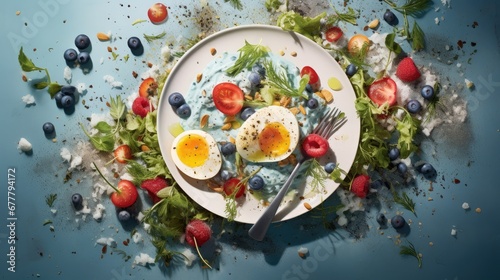  a plate of food with eggs, berries, and lettuce with a fork and knife on a blue background.
