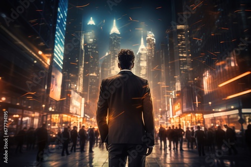 Back view of young businessman looking at night city with lights and reflections, Ai Generated