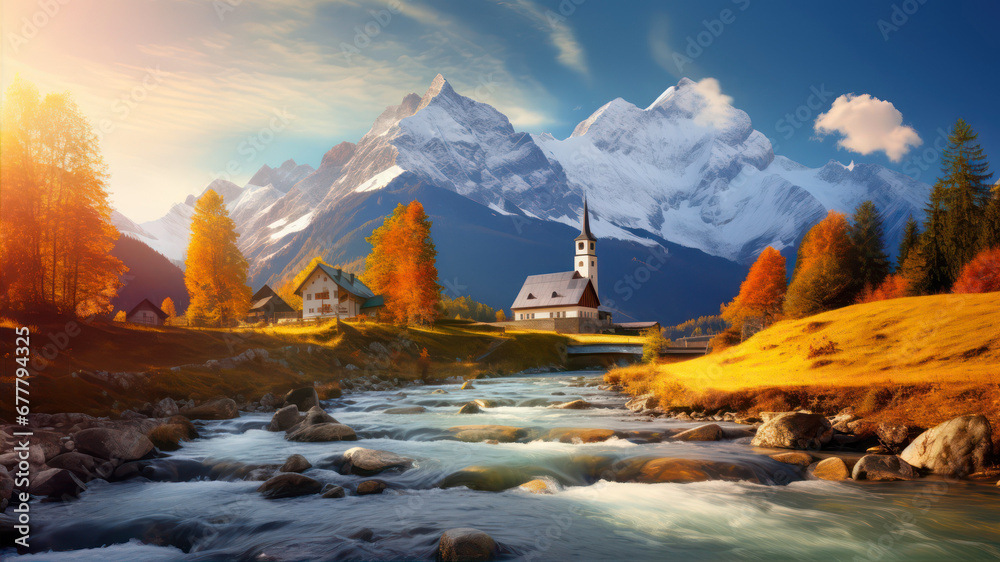 Fantastic autumn landscape with a mountain lake and church in the background